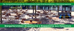 Eckige und runde Biergartentische (Klapptische) und Klapp-Stühle aus Eschenholz nussbaum-lackiert.