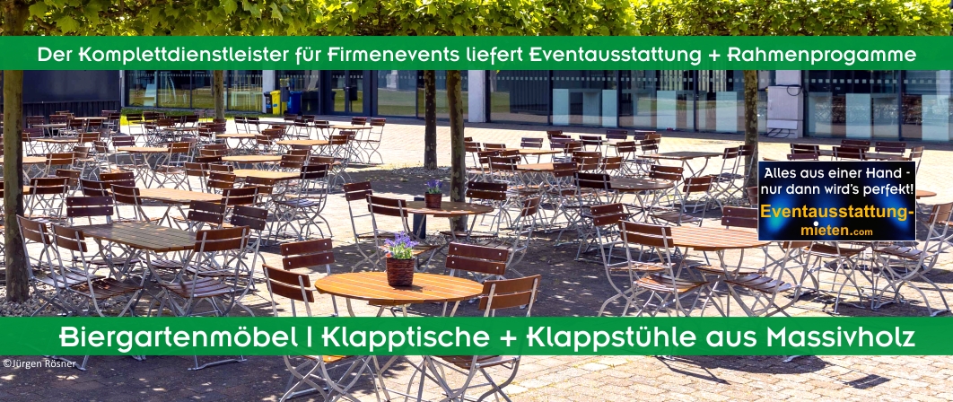 Eckige und runde Biergartentische (Klapptische) und Klapp-Stühle aus Eschenholz nussbaum-lackiert.