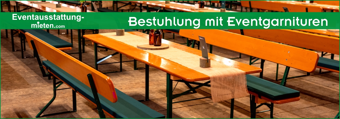 Grüne Bierbankpolster Verleih in Oberbayern + Niederbayern Eventgarnituren mit grünen Bierbankpolster und rustikaler Tischdeko.