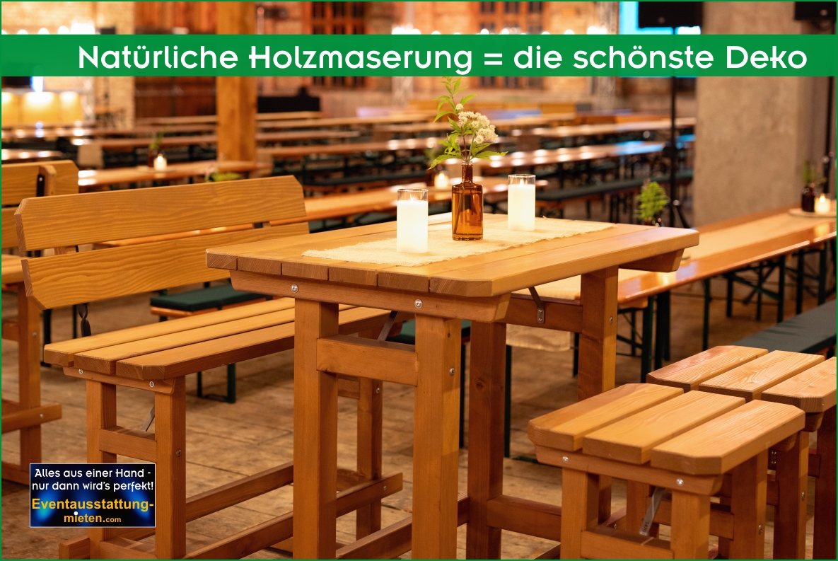 Rustikale Hochtischgarnitur mit schöner Holzmaserung von der Seite.